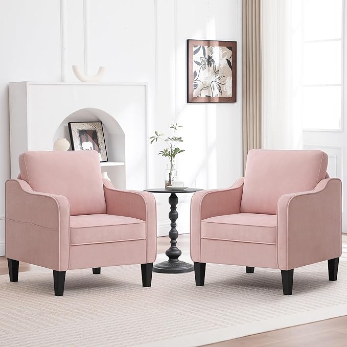 Accent Chair for Living Room, Mid Century Modern Reading Chair for Bedroom, Upholstered Armchair with Side Pockets, Comfy Single Sofa Side Chair for Office, Apartment, Small Room, Pink