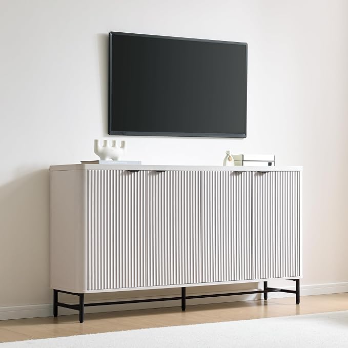Fatmok 65" Large Sideboard Buffet Cabinet with Storage, Set of 2 Modern Fluted Credenza Accent Coffee Bar Console Tables with Doors & Adjustable Shelves for Living Room or Hallway, White - Image 7