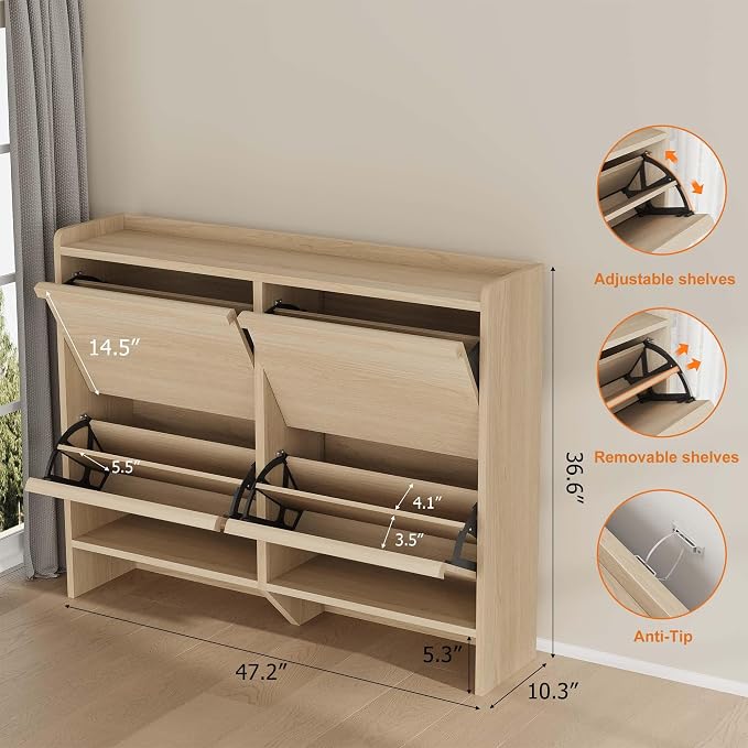 GarveeHome Shoe Cabinet with 4 Flip Drawers, Wooden Shoe Organizer Cabinet with Adjustable Shelf, Shoe Storage for Entryway, Hidden Shoe Cabinet for Hallway, Living Room, Natural Oak - Image 2
