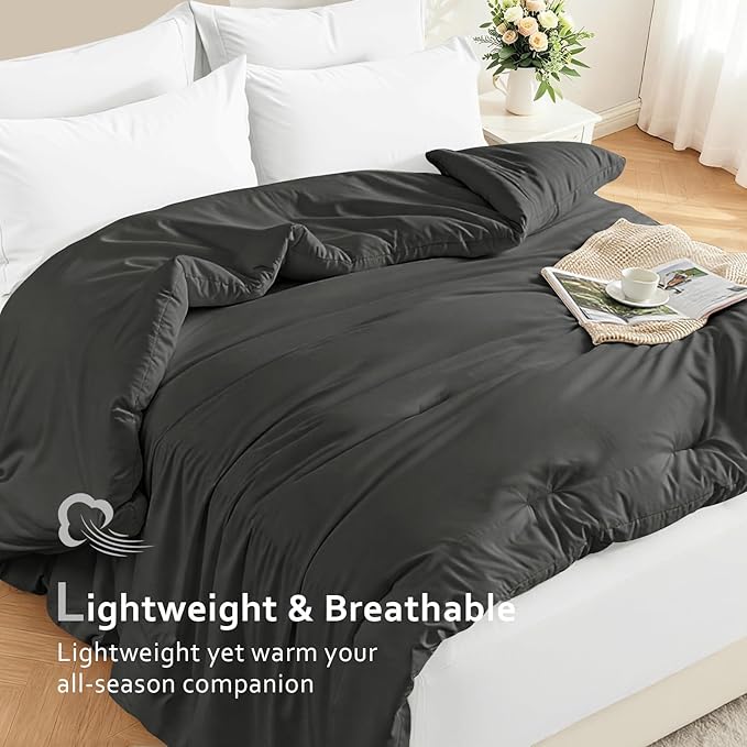 Comforters King Size, All Season Quilted Bed Comforter, Ultra-Soft Down Alternative Duvet Insert with 4 Tabs, Lightweight Bedding Blanket - Machine Washable, Dark Gray