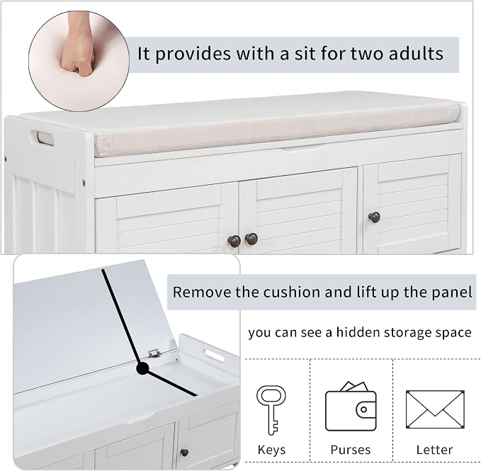 SOFTSEA Storage Bench with 3 Shutter-Shaped Doors Wood Entryway Bench Shoe Bench with Removable Cushion and Hidden Storage - Image 6