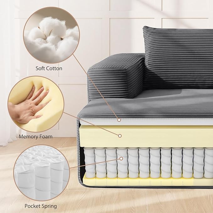 97inch Boneless L-Shaped Sectional Sofa with Throw Pillow & Side Pockets- No Assembly Compressed Modular Couch, Memory Foam, Deep Seat for Living Room, Bedroom, Apartment Grey Left