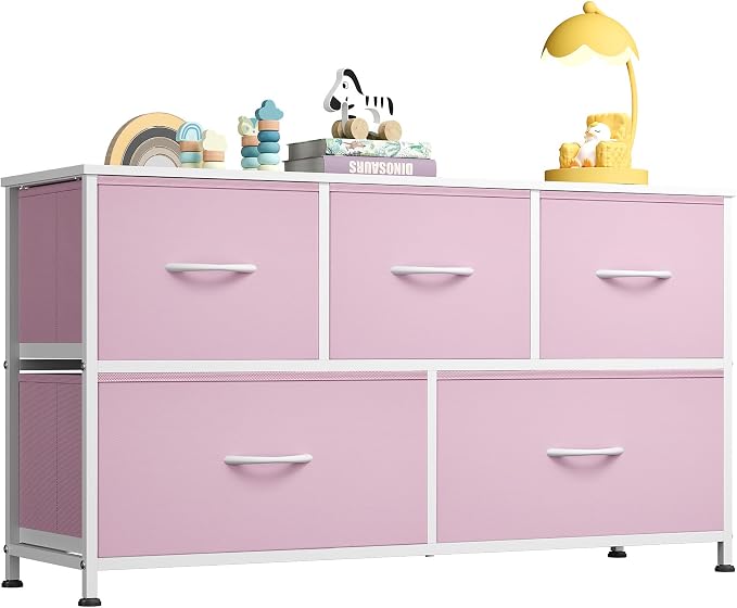 WLIVE Dresser for Bedroom with 5 Drawers, Wide Chest of Drawers, Fabric Dresser, Storage Organizer Unit with Fabric Bins for Closet, Living Room, Hallway,A-Pink by WLIVE