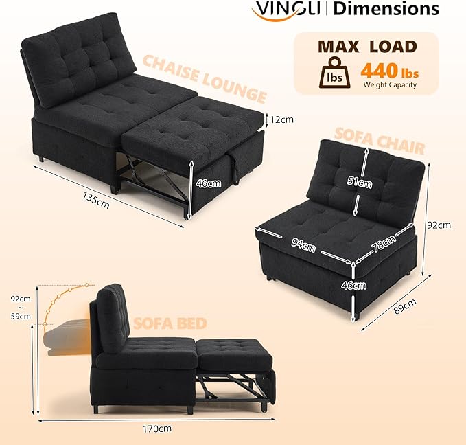 VINGLI Convertible Sofa Bed Tufted Teddy Fleece Sleeper Chair Bed Couch Armless Living Room Chairs with Adjustable Backrest Pull Out Couch Bed for Small Spaces