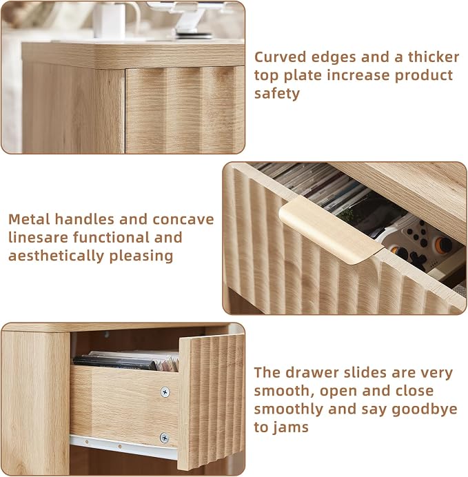 LEYAOYAO Fluted Nightstand with Charging Station, 23" Wide 1 Drawers Night Stand,Natural End Table with Open Storage,Farmhouse Bed Side Tables, Wood Dresser for Bedroom, Living Room, Closet - Image 4