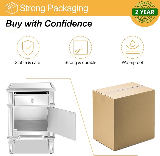VINGLI Modern Nightstand Mirrored Bedside Table with 1 Drawer and 1 Cabinet Door for Bedroom, Silver - Image 7