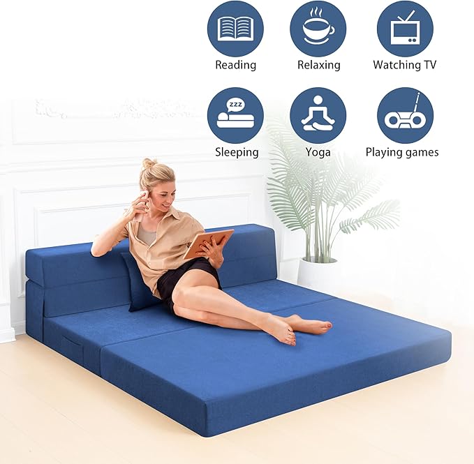 Folding Sofa Bed Chair with Pillow,Convertible Fold Out Chair Bed Sleeper,Foam Floor Mattress, Foldable Futon Couch Bed for Living Room/Dorm/Guest/Office (Blue, Queen)