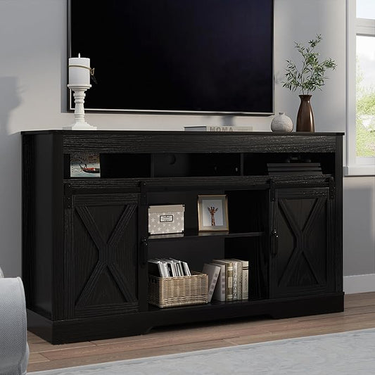 RoyalCraft Farmhouse TV Stand for 23" Fireplace, 34'' Tall Entertainment Center for 65+ Inch TV, 34" Tall Rustic TV Console with Sliding Bar Door for Living Room Black by Bringyoubetterlife
