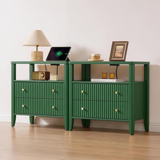 Fluted Nightstand with Charging Station Set of 2, 27.3" Tall Modern Bedside Table with 2 Drawers & Open Shelf, Large Wide Wood End Table with Storage & Metal Handle for Bedroom, Green by Fatmok