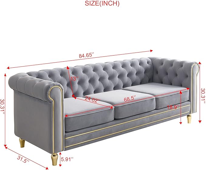 KEIKI 85" Chesterfield Velvet Tufted Button Sofa with Deep Seat Cushions and Rolled Arms, Modern 3-Seater Couch Decorated with Gold Strip, Easy Assembly, for Living Room, Bedroom, Office, Light Grey