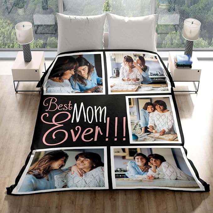 inkArts Custom Mom Blanket with 5 Photos Personalized Blanket with Pictures Customized Throw Gifts for Mom Grandma Photo Throw Blanket for Birthday Mother's Day, 15 Colors Available