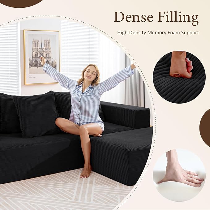 INGEROOM 108" Modular Cloud Sectional Couch with Deep Seat, Boneless Sofa with Movable Ottoman, Plush Corduroy Memory Foam Couch for Living Room, No Assembly, Black