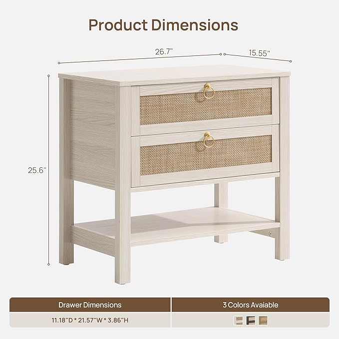 SICOTAS 26.7" Wide Boho Rattan Nightstand, White Oak Bedside Table with 2 Drawers & Open Shelf, Large Side Table for King Size Bed, Modern Coastal Accent Table for Bedroom - Image 2