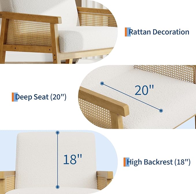 IDEALHOUSE Rattan Accent Chair, Boucle Armchair, Upholstered Reading Chair with Wooden Frame and High Back, Leisure Chairs for Living Room Bedroom Waiting Room Reception, White