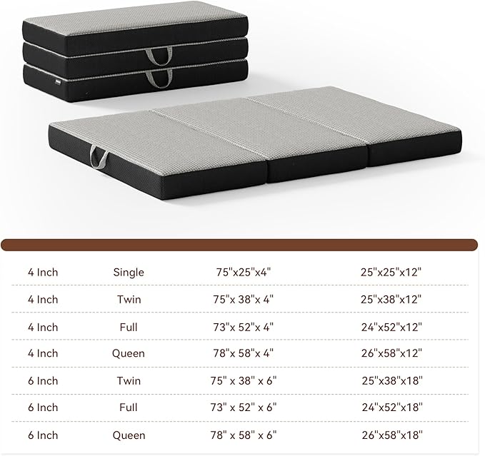 ROXGOX Memory Foam Trifold Mattress - King Portable Floor Bed 6 Inch, Foldable Mat with Washable Cover, Handle & Non-Slip Bottom, for RV, Travel, Camping, Yoga, 80"x76"x6"
