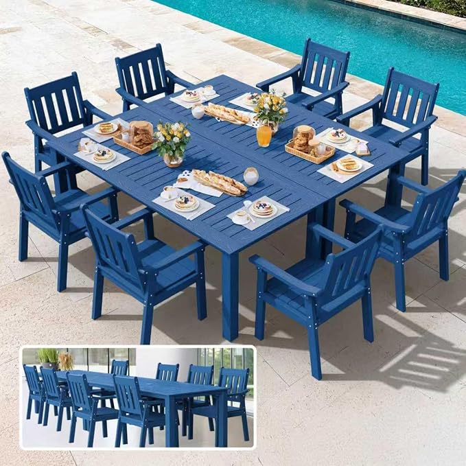 YEFU HIPS Patio Table Set: 10 Piece Outdoor Table and Chairs Dining Furniture Set with Umbrella Hole - Blue Modern Plastic Dining Sets 8 Person for Outside Deck with Metal Aluminum Frame by YEFU