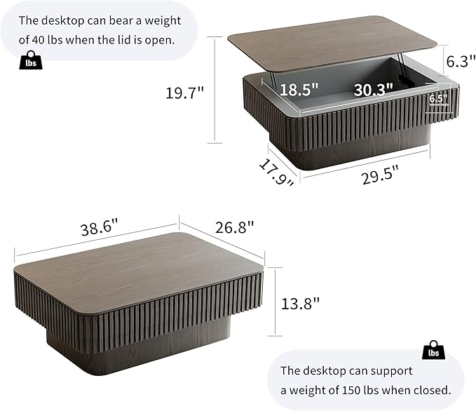 Gray Coffee Table with Lifting Top with Storage for Living Room,Fluted Lift Top Coffee Tables with Solid Wood Center Table 38.6'' Modern Smart Rectangular Lift Up Tabletop for Apartment Office