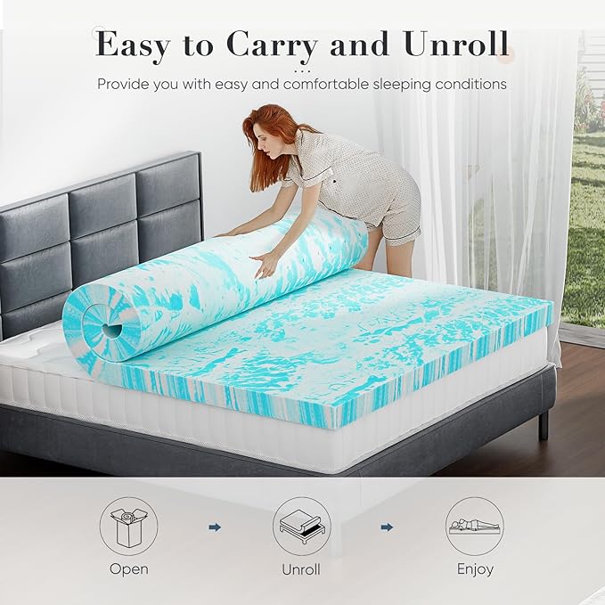 DUMOS Mattress Toppers Memory Foam Full Size, 2 Inch Thick Bed Topper Pad Cooling Gel Infused Soft Comfy Padding Breathable for Sleeper Sofa Couch RV Camper, CertiPUR-US Certified, Blue