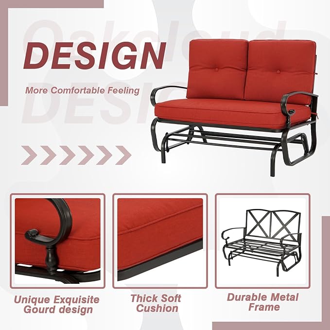Oakcloud 4-Piece Outdoor Metal Furniture Sets Patio Conversation Set Wrought Iron Glider, 2 Spring Lounge Chairs and Round Side Table, Red