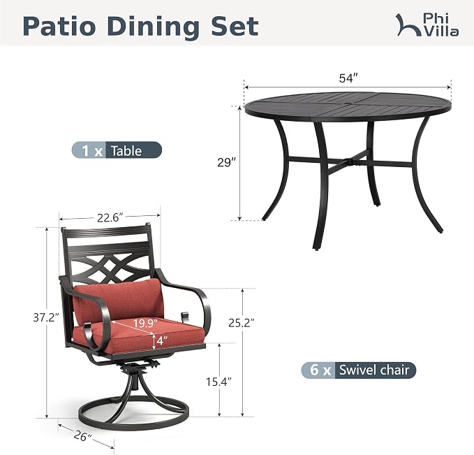 PHI VILLA 7 Pieces Outdoor Dining Set for 6, 54" Round Black Metal Table with Umbrella Hole & Wrought Iron Swivel Chairs, Large Outside Furniture with Red Cushions & Pillows for Patio, Deck, Porch - Image 2