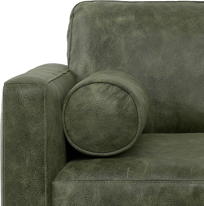 SIMPLIHOME Morrison Arm Chair - 42 inch Wide Upholstered Genuine Leather Mid-Century Modern Accent Chair in Moss Green with Solid Wood Legs, Reversible Bolster Pillows and Reclined Back