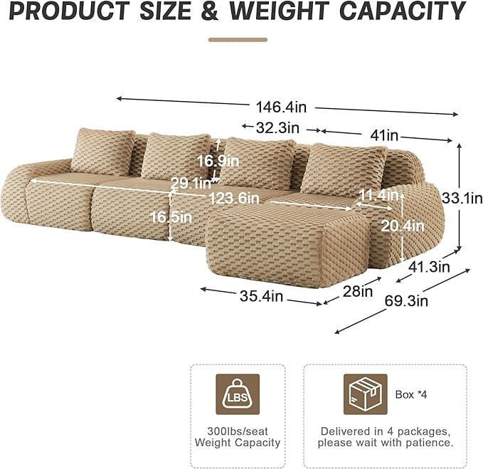 146" L-Shaped Compressed Sectional Cloud Sofa, Flannel Upholstered Modular Deep Seat Sofa with 5 Pieces, Modern Floor Boneless Foam Modular Cloud Couches for Living Room