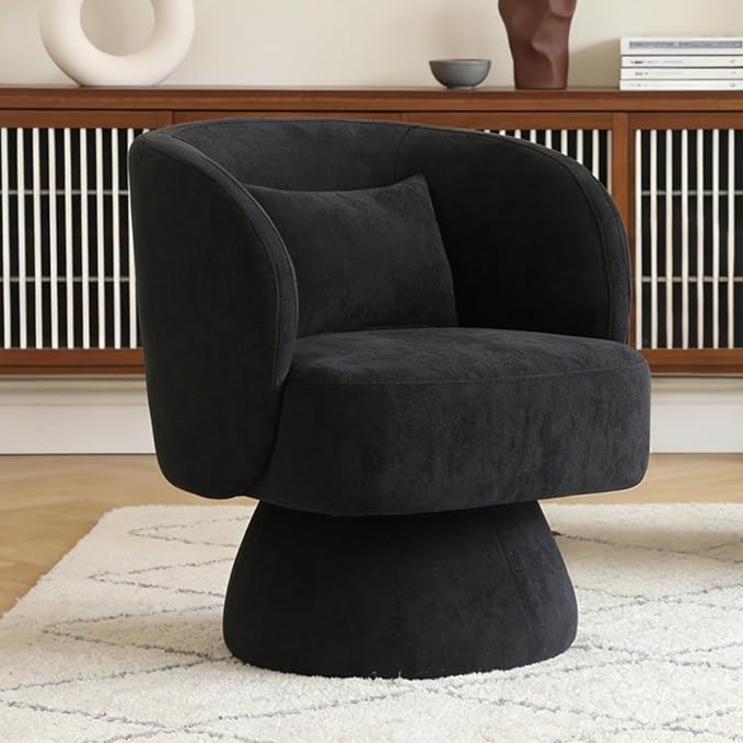 ClinQ Swivel Barrel Chair with Pillow, Cloud Velvet Accent Chair, Upholstered Cuddle Reading Lounge Chair, 360° Modern Round Swivel Curved Armchair for Living Room, Bedroom, Office, Black