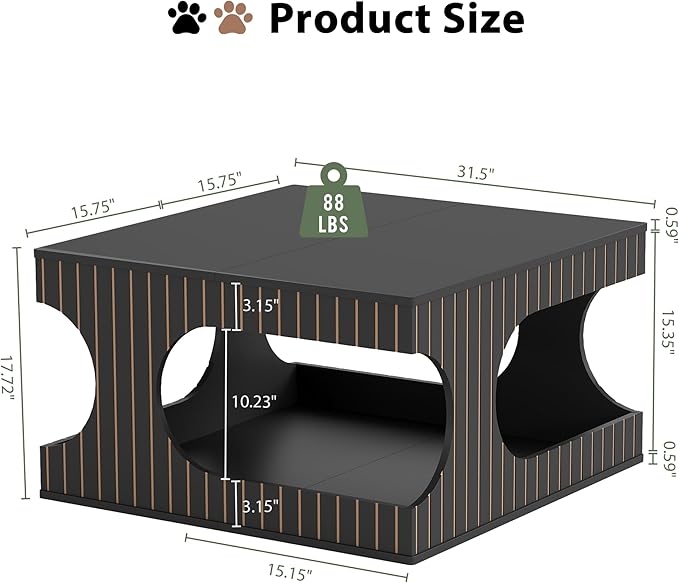 Square Coffee Table with Storage, 31.5" Hollow Cube Coffee Table, 2-Tier Mid-Century Modern Center Table with Arched Cutouts & Carved Lines for Living Room, Cat-Friendly Base (Black)