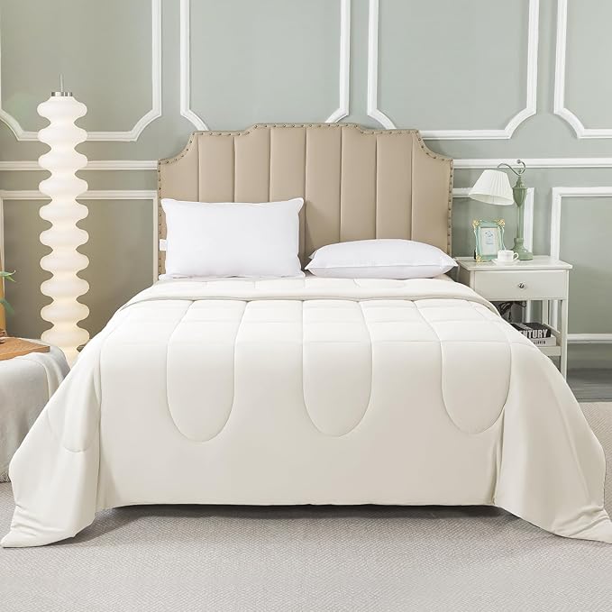 HYLEORY Cooling Comforter King Size - Summer Cooling Blanket for Hot Sleepers/Night Sweats, Double-Sided Cold Touch Silky Ice Comforters, Breathable Lightweight Beddings, Cool Cream, 108"x90"