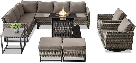 Belord Patio Sectional Furniture Set with Fire Pit Table: 8 Pieces Wicker Patio Conversation Set with L Shaped Sofa, Outdoor Swivel Glider Rocker, Rattan Ottomans, Removable Cushions Grey