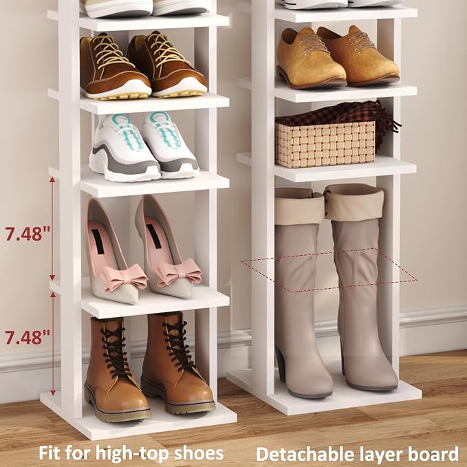 HOMEFORT 7-Tier Wood Shoe Rack, Entryway Shoe Tower,Vertical Shoe Organizer, Wooden Shoe Storage Stand, White - Image 6