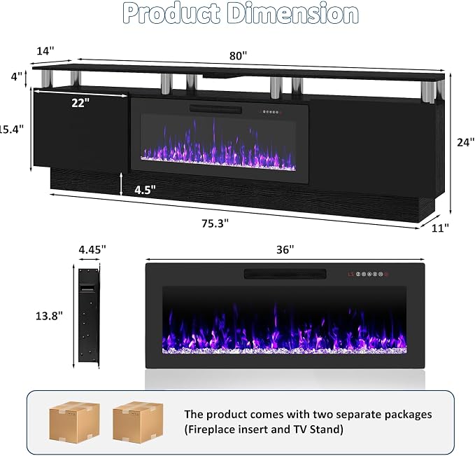 PUKAMI 80" Fireplace TV Stand with 36" Electric Fireplace, LED Light Entertainment Center with Storage, 2 Tier Modern Wood Media TV Console with Highlight Cabinet for Living Room, Black - Image 2