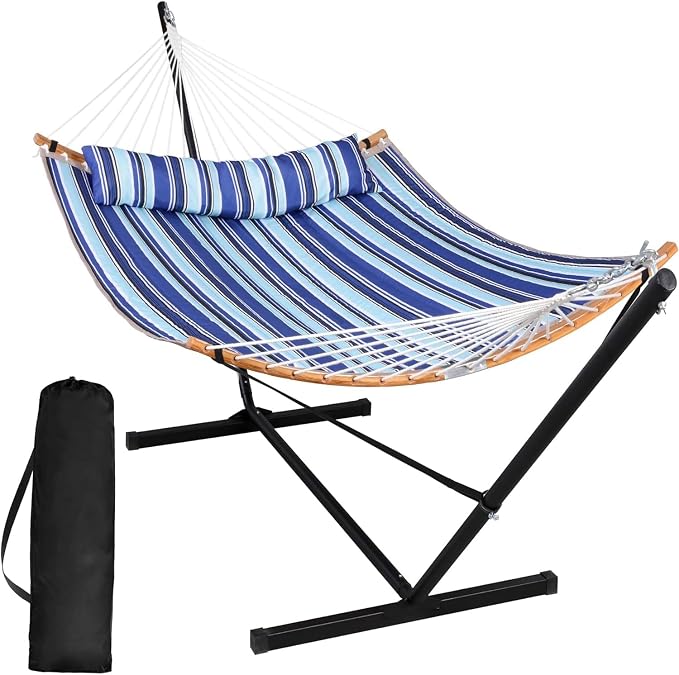 SUNCREAT Double Hammock with Stand Included, Portable Hammock with Stand and Large Pillow, Blue Stripes by SUNCREAT