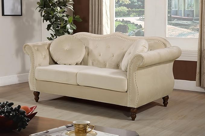 Anna1 Chesterfield Velvet Couches for Living Room, Button Tufted Luxury Upholstery with Rolled Arms, High-Density Foam, Durable Wood Frame, 65.5" Loveseat, Ivory