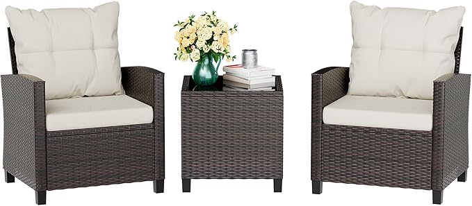 Vongrasig 3 Pieces Patio Furniture Set Small Outdoor Wicker Rattan Front Porch Bistro Set Cushioned Patio Chairs Conversation Set with Glass Table for Lawn, Garden, Backyard, Balcony, Beige