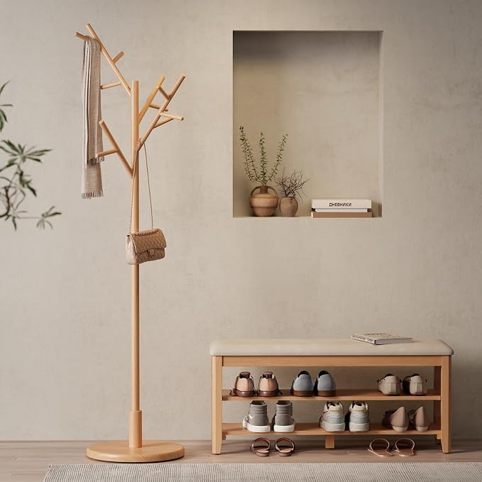 Muwuele Coat Rack,Solid Wood Coat Rack Freestanding with 12 Hooks,Coat tree freestanding 3 Adjustable Heights for coat, Hats, Handbags，Coat Stand for Entryway,Bedroom (Natural) - Image 2