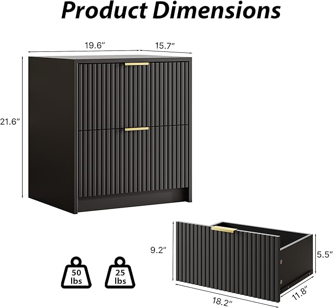 MAISONARIA 3-Piece Dresser Bedroom Set, 8 Drawer Dresser & 2 Drawer Nightstands with Gold Handles, Fluted Wood Chest of Drawers for Bedroom, Living Room, Entryway, Black