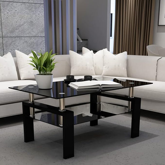IANIYA Glass Coffee Table, Black Living Room Rectangle Coffee Table with Tempered Glass & Metal Tube, 2 Layers of Storage Space Modern Tea Table Side Table for Waiting Room Small Space
