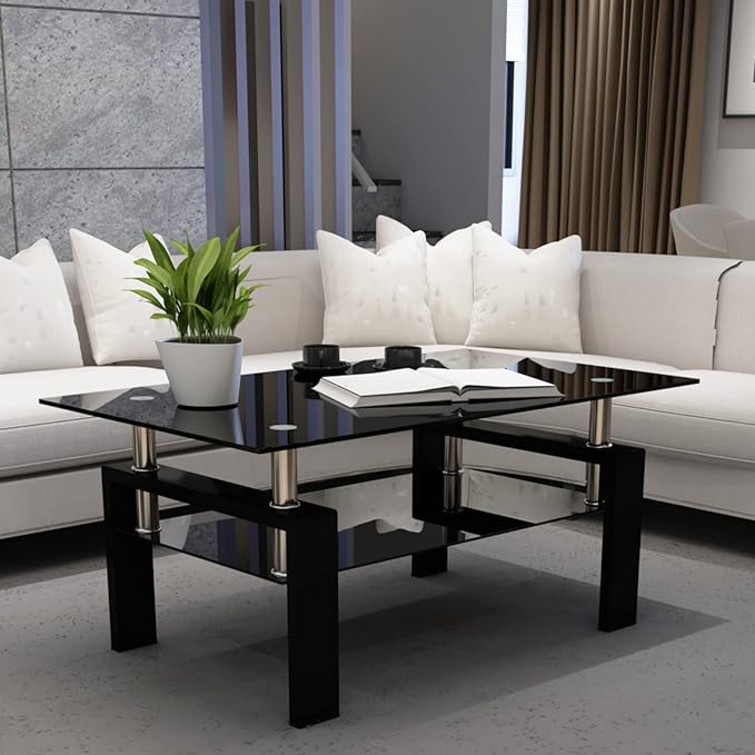 Rectangle Glass Coffee Table, Clear Coffee Table Modern Side Center Tables Furniture for Living Room,All Black