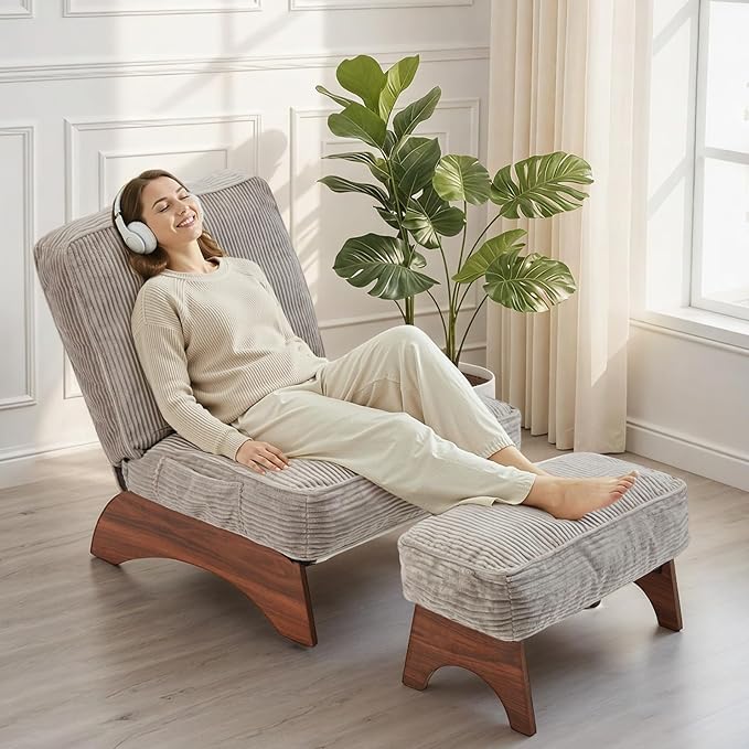EROMMY Accent Chair with Ottoman, Modern Corduroy Living Room Chair with Adjustable Backrest & Footrest Set, Comfy Reading Chair for Living Room Bedroom Reading Room Guestroom, Gray
