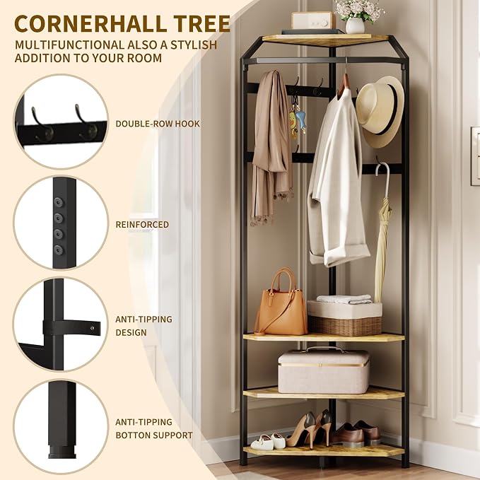 IDEALHOUSE Corner Coat Rack With Shoe Bench and 6 Double Hooks, Corner Hall Tree - Clothes Rack With Storage Hall Tree With Organizer Shelf for Entryway, Hallway, Closet (02-Rustic Brown) - Image 5