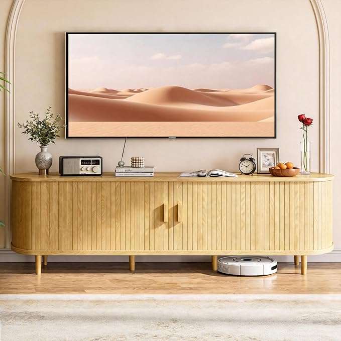 70" Mid Century Modern TV Stand with Power Outlet, Fluted Entertainment Center with Storage and Adjustable Shelves, Wood TV Console with Sliding Doors for Living Room, Oak - Image 2