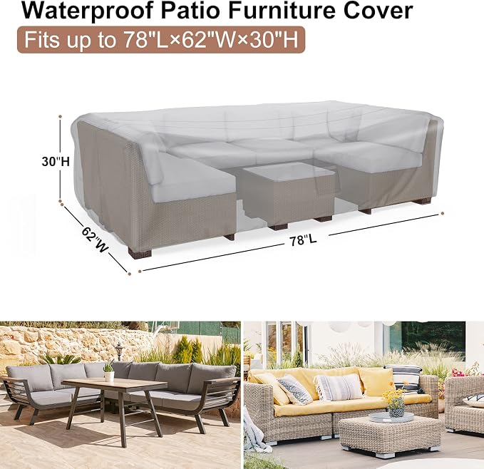 Patio Furniture Covers, Heavy Duty 600D Outdoor Furniture Cover Waterproof, Sectional Sofa Set Covers Table and Chair Set Cover, 78"L×62"W×30"H - Image 2