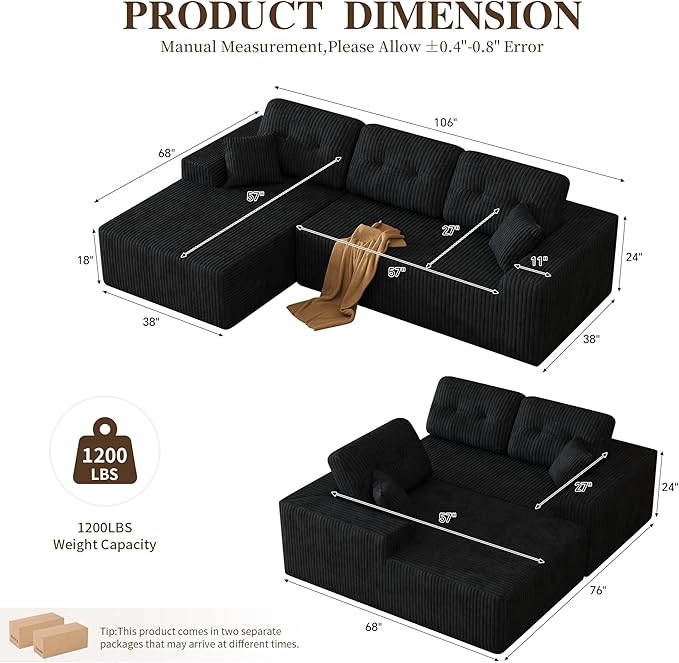 Ball & Cast 106" Boneless Sectional Sofa, Corduroy Modular L Shaped Couch with Deep Seat Chaise, Cloud Style Oversized Sectional Couch for Living Room, No Assembly, Left Facing, Black