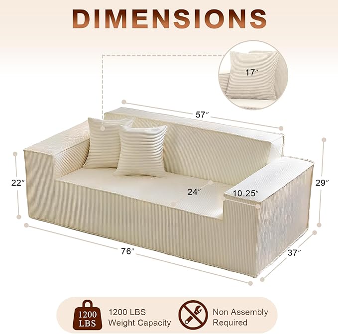 Corduroy Cloud Couch with Pillow, Premium Memory Foam, No Assembly Required, Deep Seat Sofa in Box, Space-Saving Chair for Home, Living Room, Bedroom, Apartment, Office, 3-Seater, Beige