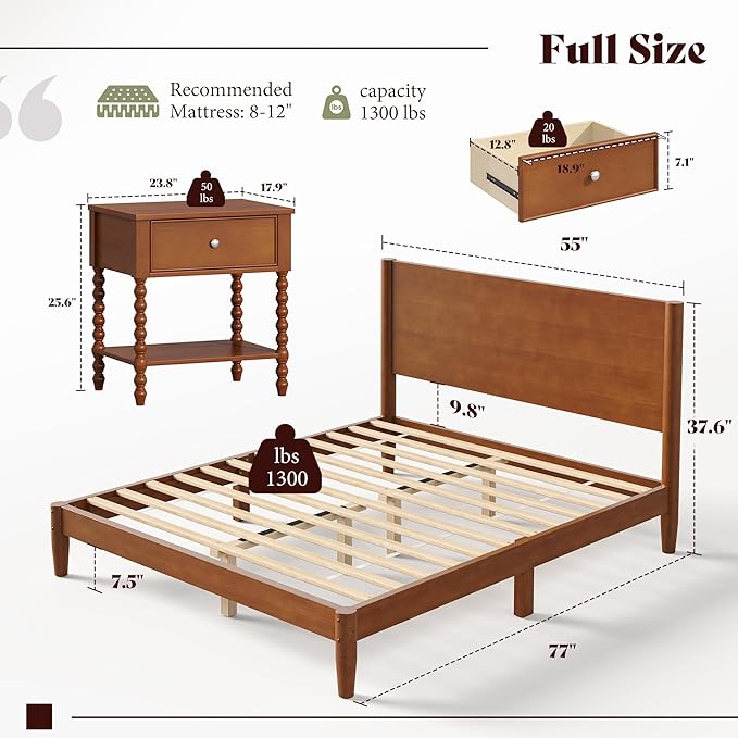 AMERLIFE 3 Piece Bedroom Set Includes Solid Wood Full Platform Bed Frame with Headboard and 2 Nightstands with Spindle-Turned Legs, Mid Century Modern Bedroom Furniture, Brown Walnut