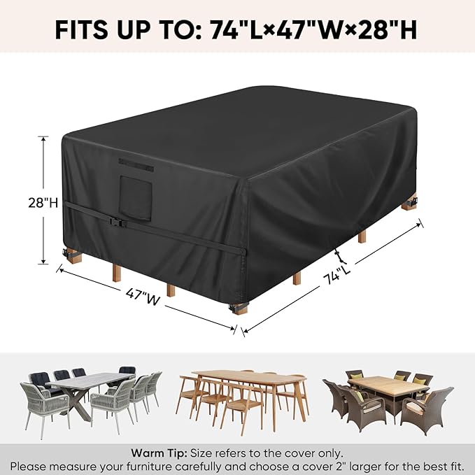 BALEINE Patio Furniture Covers, Outdoor Furniture Covers Waterproof, Heavy Duty Oxford Patio Table Cover for Outdoor Table, Chair, Sofa, Desk (Black, 74"L x 47"W x 28"H) - Image 2