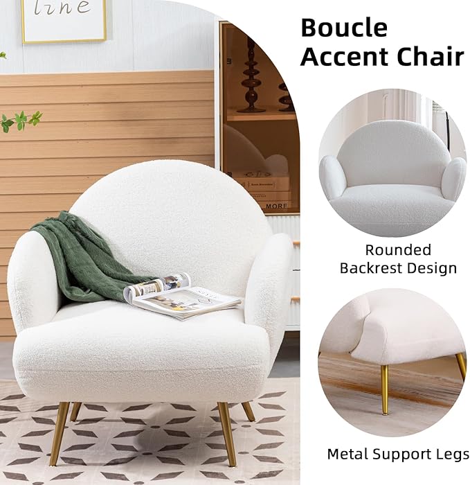 Accent Chair White with Golden Metal Legs,Reading Chair for Bedroom Comfy, Boucle Sherpa Chair for Living Room, Bedroom