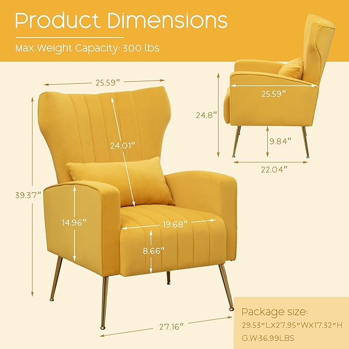 Modern Accent Chairs Set of 2, Comfy Wingback Armchair with Pillow Upholstered Sofa Chair Reading Chair for Bedroom, Living Room, Small Spaces Yellow Velvet