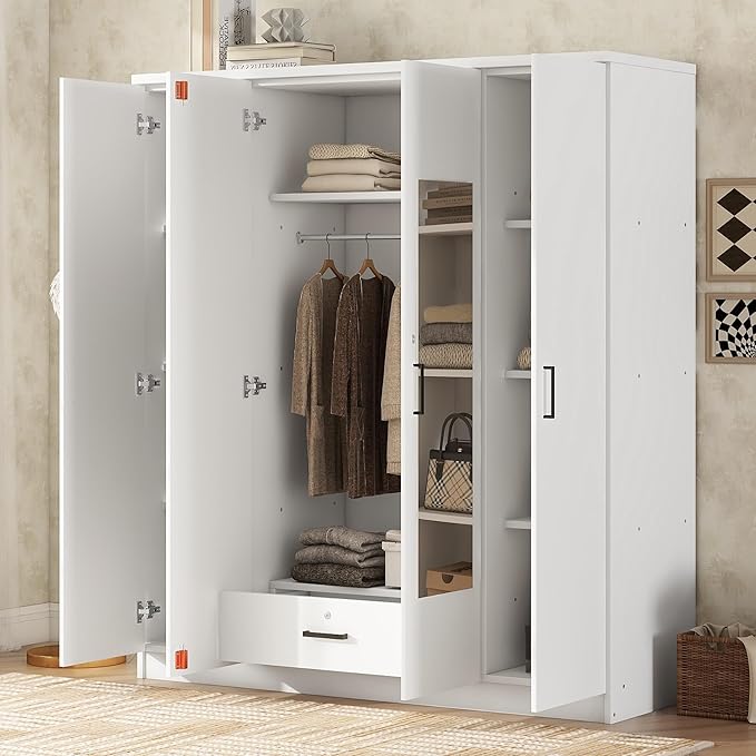 Merax 4 Doors Closet Wardrobe with Mirror Door and Hanging Rail, Wood Closet Organizers and Storage with One Drawer and Two 4-Tier Storage Shelves, Top Cabinet for Bedroom, Laundry Room, White